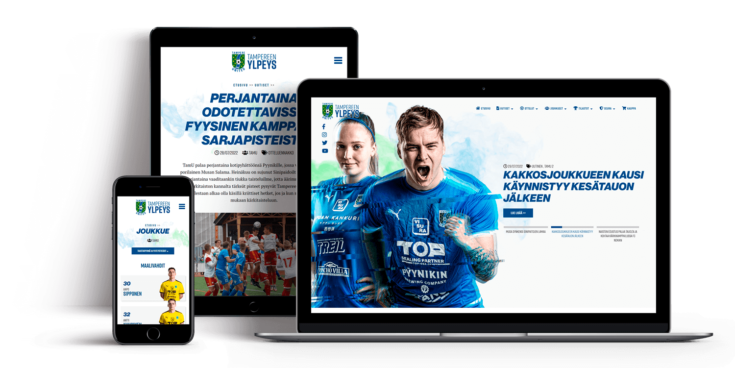 Tampere Unitedin nettisivut läppärin, tabletin ja puhelimen näytöillä.